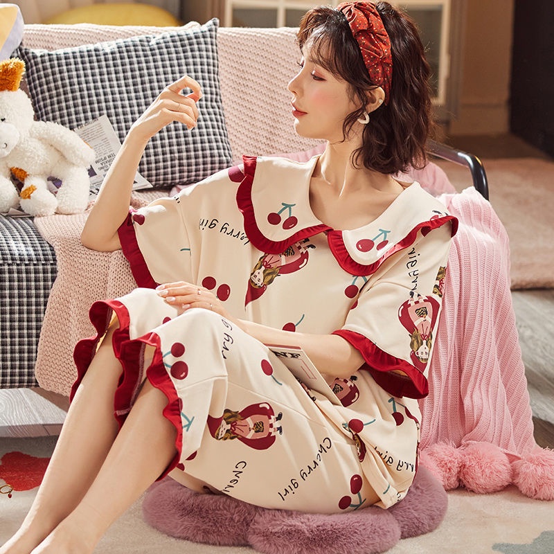 Bộ đồ ngủ tay ngắn dáng rộng bằng cotton phong cách Hàn Quốc dành cho nữ có size lớn