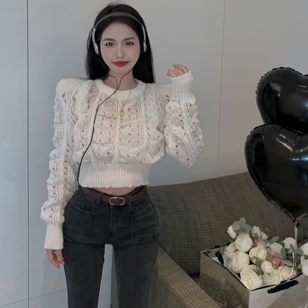 Áo len ZHELIHANGFEI dệt kim mỏng tay phồng dài xinh xắn thời trang Hàn Quốc cho nữ