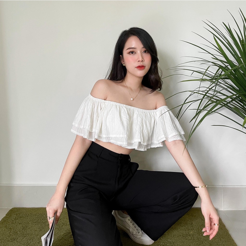 ÁO CROPTOP TRỄ VAI 2 TẦNG VOA78 TRẮNG