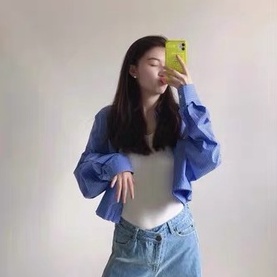 Áo sơ mi nữ kẻ sọc hàn quốc dáng dài fom rộng thăt eo màu xanh có size - tiemmaimeo1987