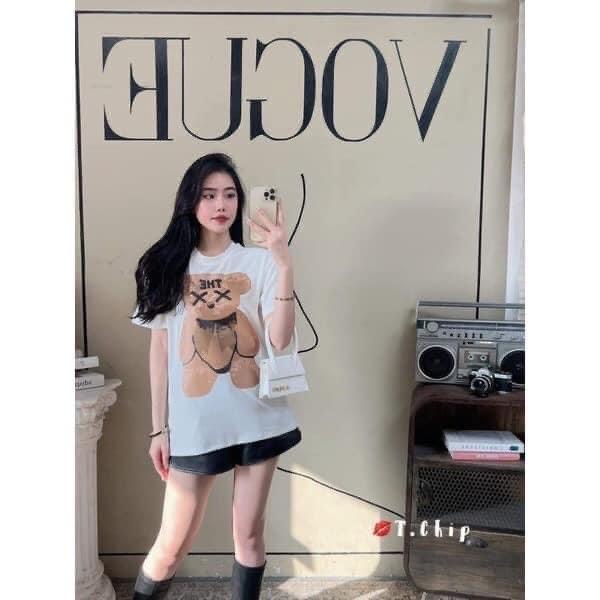 Áo phông in gấu dáng dài form rộng tay lỡ 3 màu xinh vanmiushop