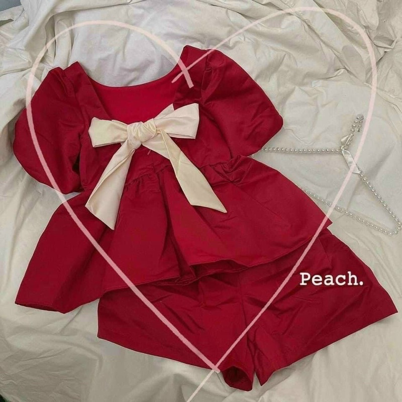 (Shop bigsize nữ 50kg-90kg) Set áo peplum nơ lưng + quần đùi - SE01 - Shop Táo Đỏ Bigsize