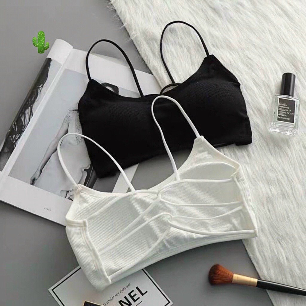 Áo bra thun gân đan dây chéo có đệm ngực