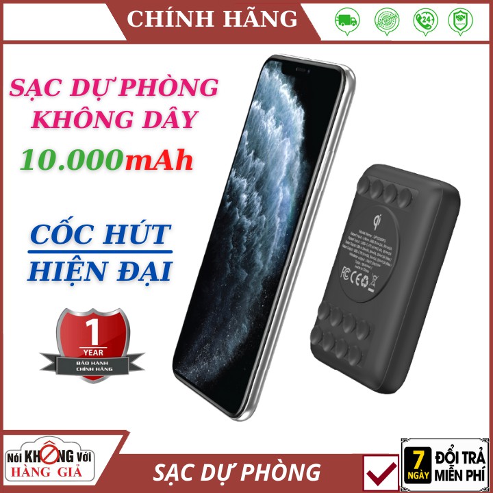 Pin Sạc dự phòng không dây 10000 mah  FREESHIP  Cốc hút chắc chắn (Suction Cup)  – Đa chuẩn sạc nhanh , bảo hành 1năm