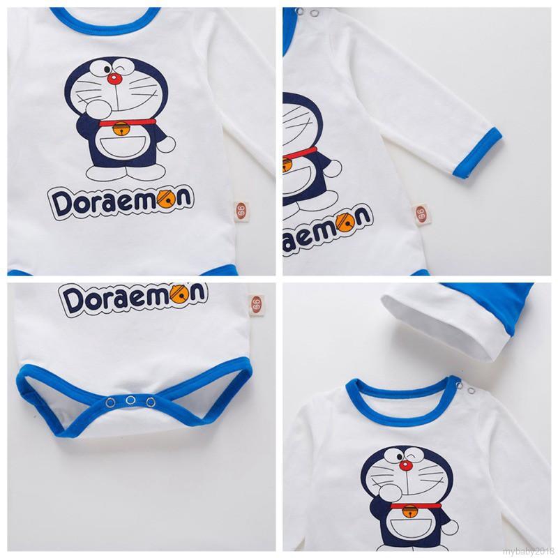 Bộ Áo Liền Quần Dài Tay In Hình Doraemon + Mũ Cho Bé Trai Và Gái