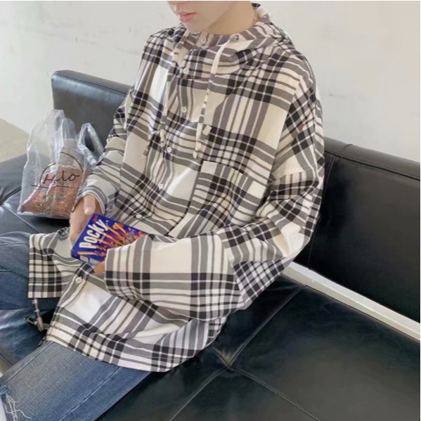 áo sơ mi Hoodie Tay Dài Kẻ Sọc Cá Tính áo sơ mi nữ caro áo sơ mi nam phong cách Hàn Quốc sơ mi nữ form rộng