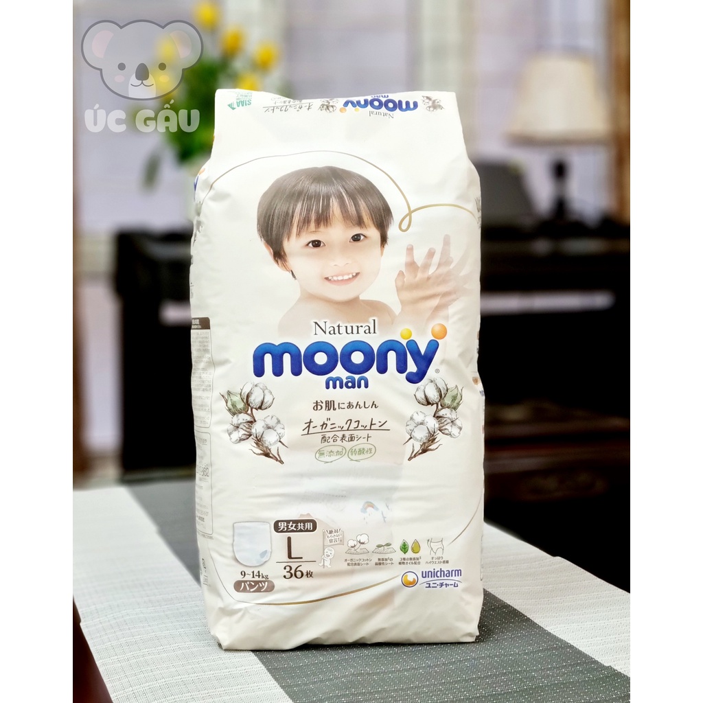 Tã/Bỉm Moony Natural nội địa Nhật Bông Organic dán/quần NB63/S58/M46/L38/L36/XL32