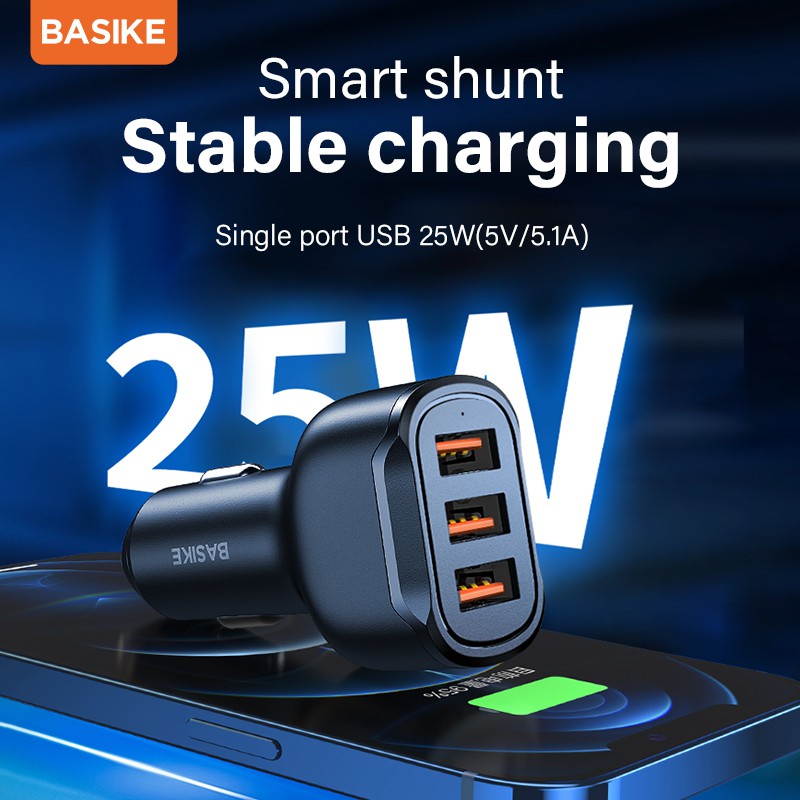 Tẩu sạc ô tô BASIKE 3 * USB 25W UT79 siêu nhanh đảm bảo an toàn thông minh cho iPhone Android