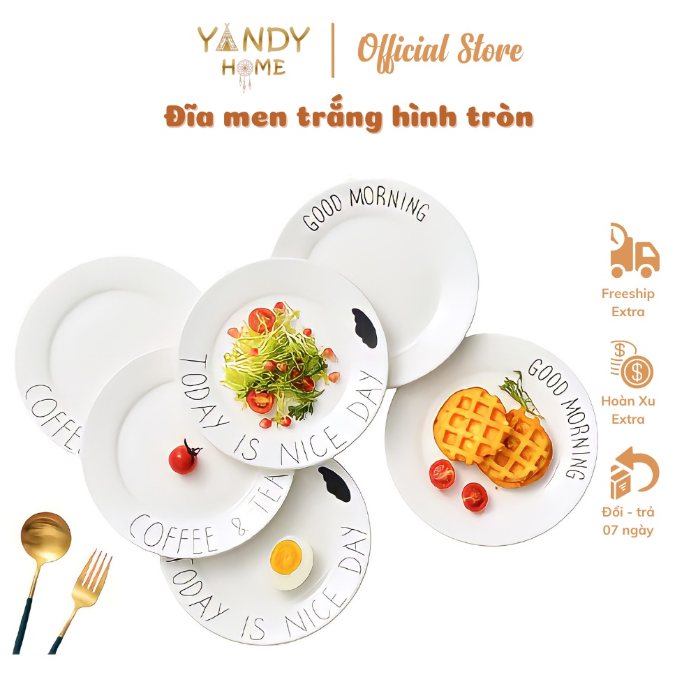 Đĩa gốm sứ YANDY HOME D04 hình tròn dĩa gốm màu trắng chữ cái trái tim men bóng đẹp dùng được trong lò vi sóng