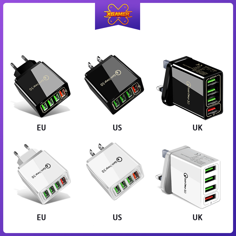 [Ready Stock]XGamer 4 In One Faster Charger Quick Charge Adapter UK EU US Plug USB Port Fast Charging Phone