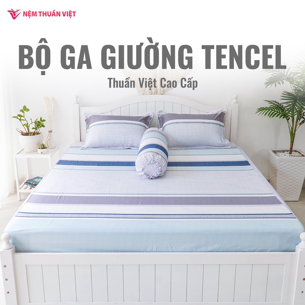 Bộ Ga Giường Tencel Thuần Việt Cao Cấp - Xanh Sọc TVM07 (4 Món)