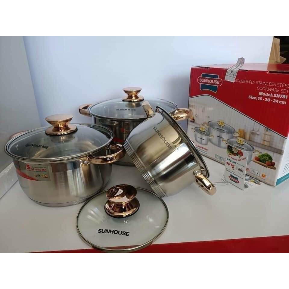 Bộ nồi SUNHOUSE Inox 5 đáy - Bộ 3 nồi 16 - 20 -24cm SH781