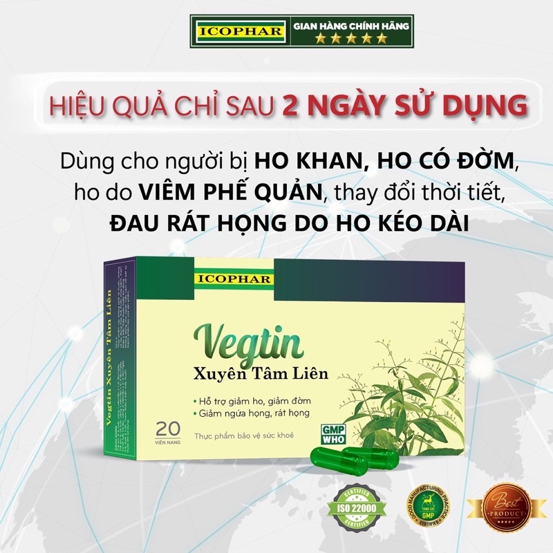 Viên Uống Vegtin Xuyên Tâm Liên - Hỗ trợ giảm ho , giảm đờm - hộp 20 viên nang