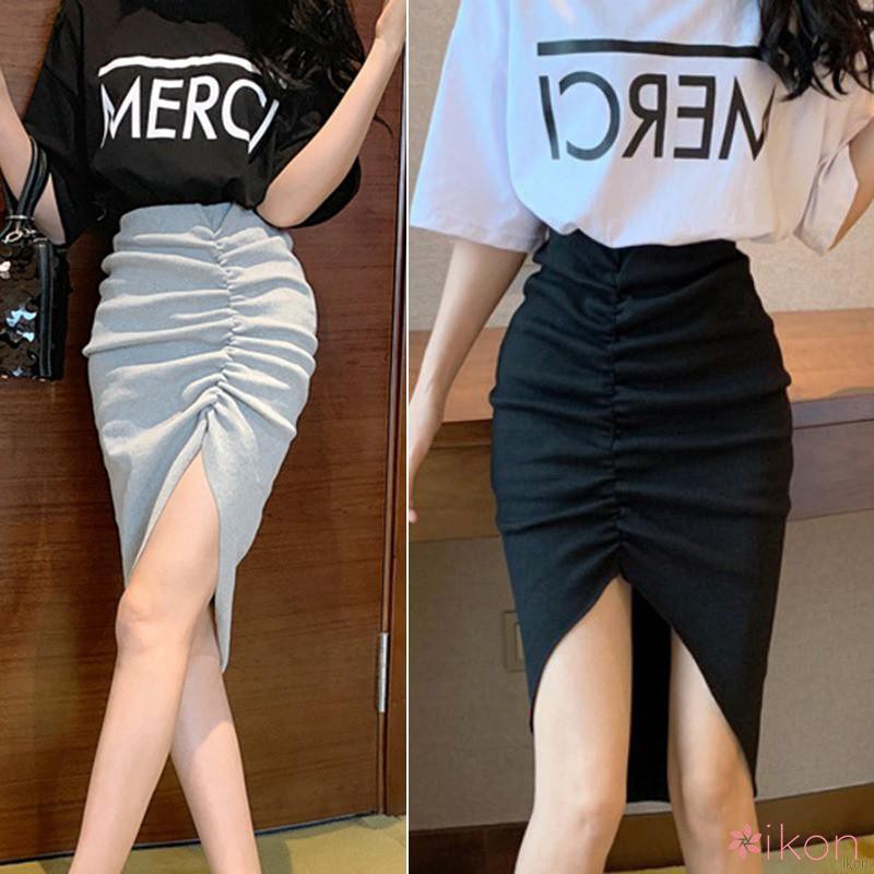 Chân váy dài trơn bất đối xứng phối xếp nếp dành cho nữ