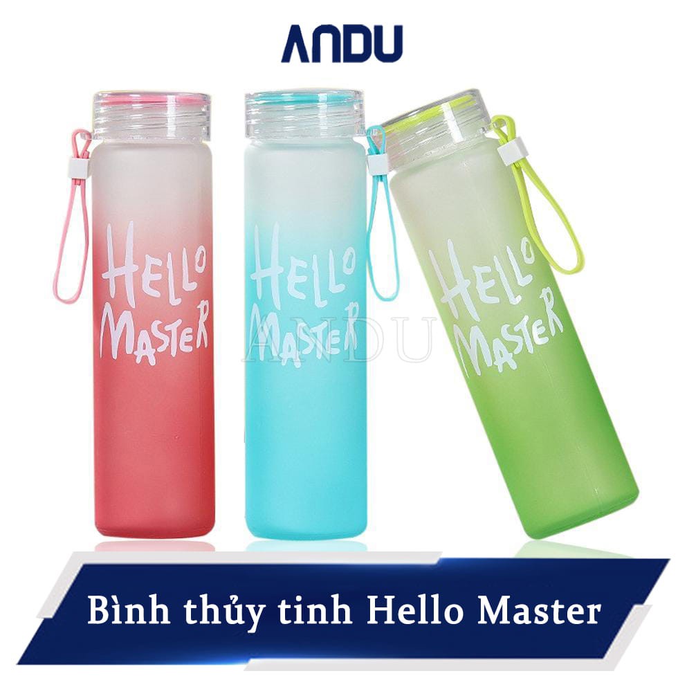 Bình Nước Thủy Tinh Hello Master, Chai Thủy Tinh Đựng Nước To 450ml Siêu Hot Có Dây Cầm