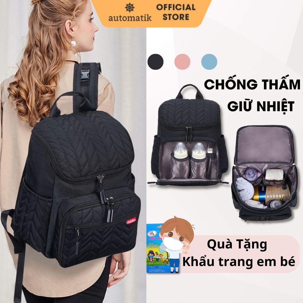 Balo Bỉm Sữa Đa Năng Chống Nước Giữ Nhiệt Túi Đựng Đồ Cho Mẹ Và Bé + Tặng Khẩu Trang Cho Bé - Automatik