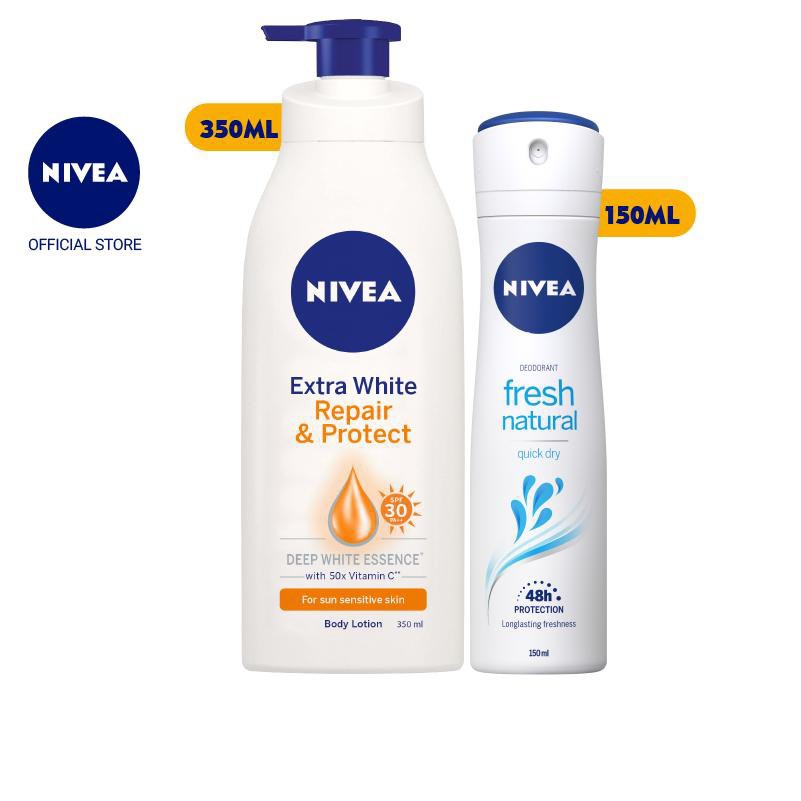 Bộ đôi NIVEA Xịt ngăn mùi tươi mát Fresh Natural 150ml & Sữa dưỡng thể chống nắng 350ml (81601+88311)