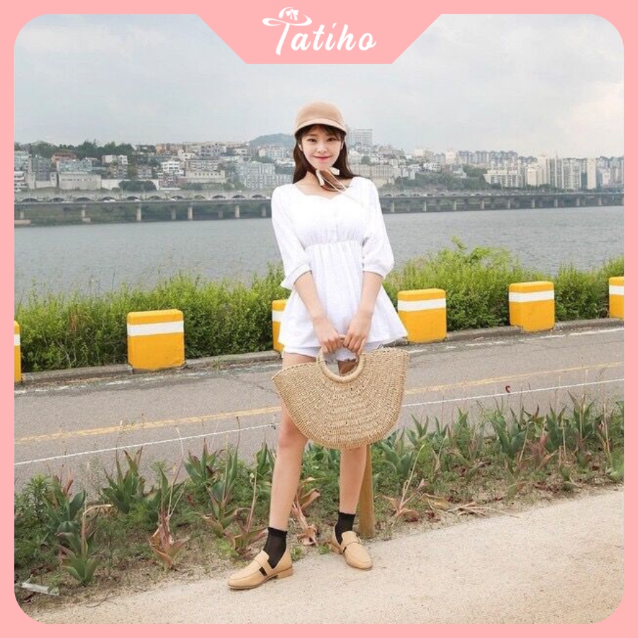 Túi Cói Đi Biển Xách Tay Hình Bán Nguyệt Vintage Thời Trang Đi Biển - Tatiho - Mã TUI65
