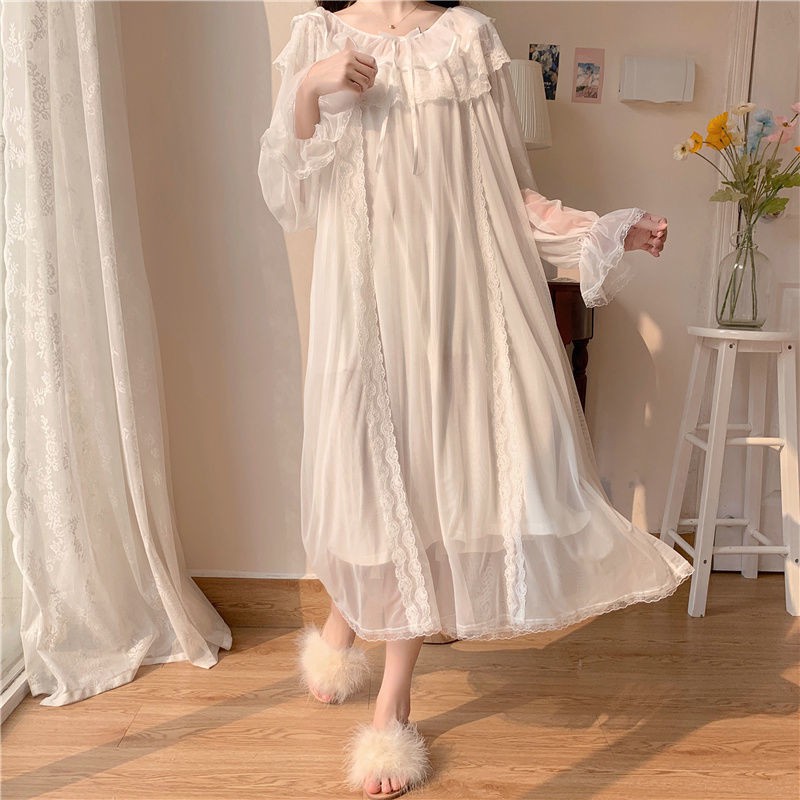 Váy ngủ tay dài phối ren tiểu thư vintage retro