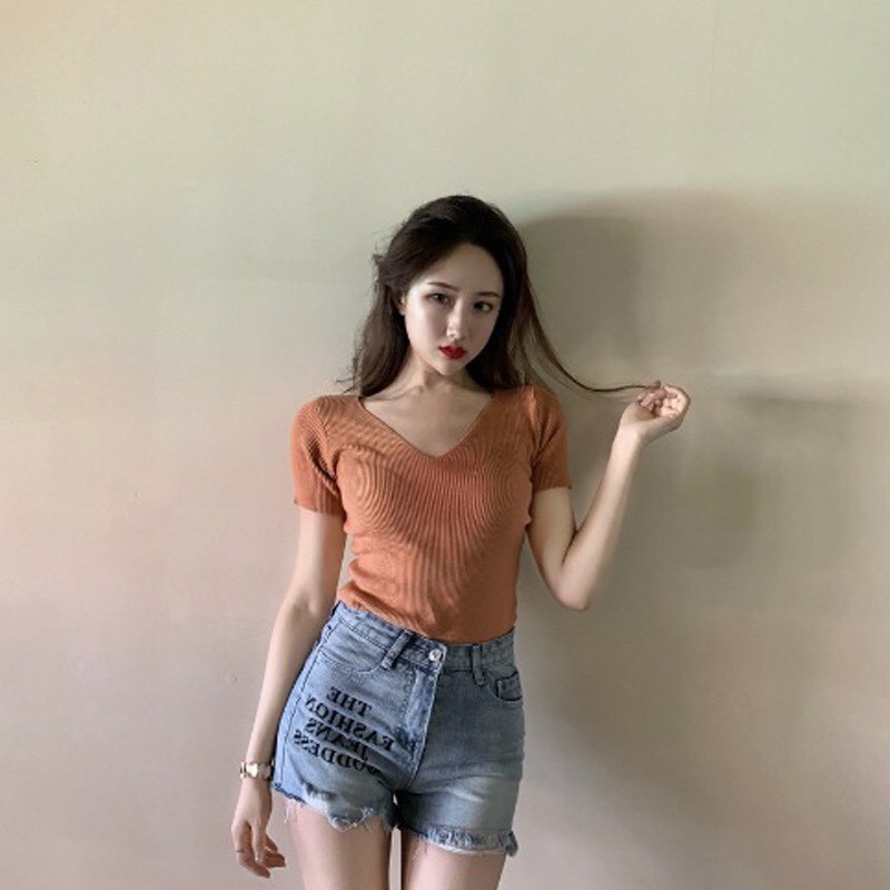 áo len dệt kim cổ V tay ngắn đơn giản trẻ trung 0100