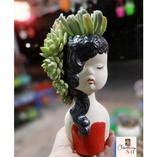 Chậu đất nung - chậu cô gái tóc mây tráng men