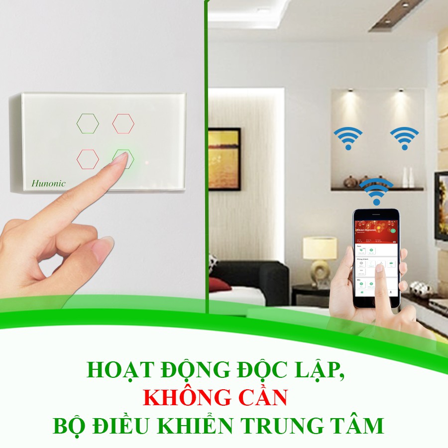 CÔNG TẮC CẢM ỨNG WIFI HUNONIC 3 NÚT TRẮNG│Điều khiển từ xa qua điện thoại│Công tắc điện thông minh cao cấp hàng Việt Nam