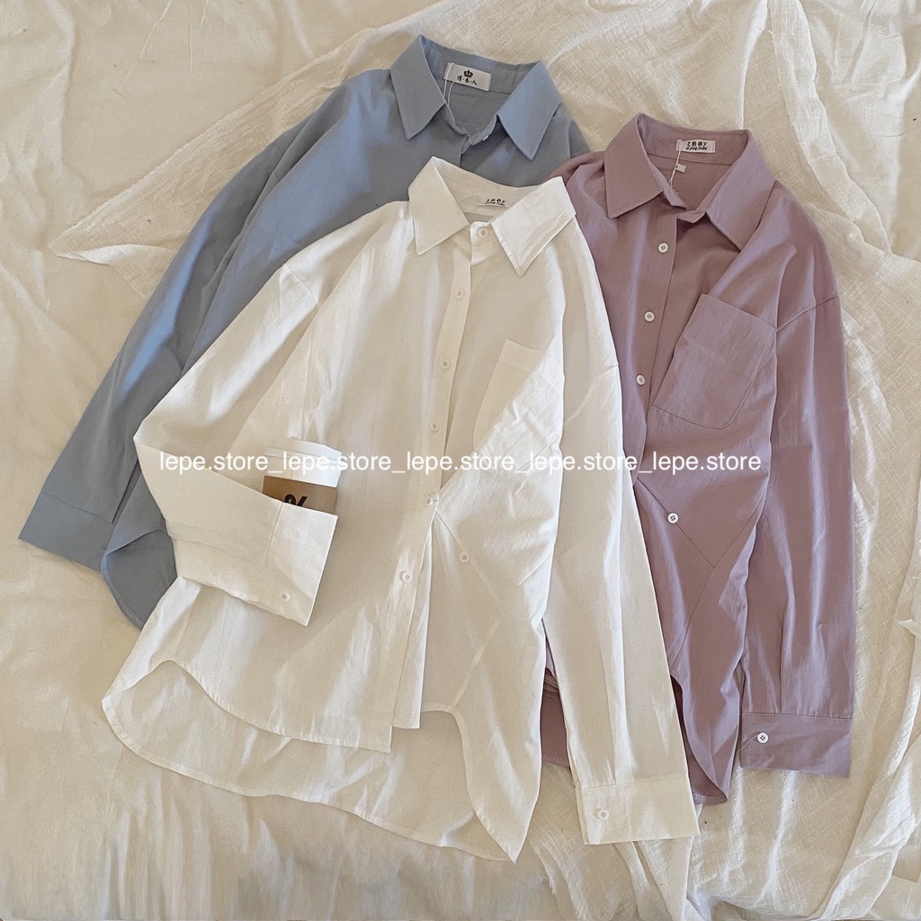 [SẴN] Áo Sơ mi trơn mặc được 2 kiểu vạt lệch 3 màu xanh tím trắng basic | BigBuy360 - bigbuy360.vn
