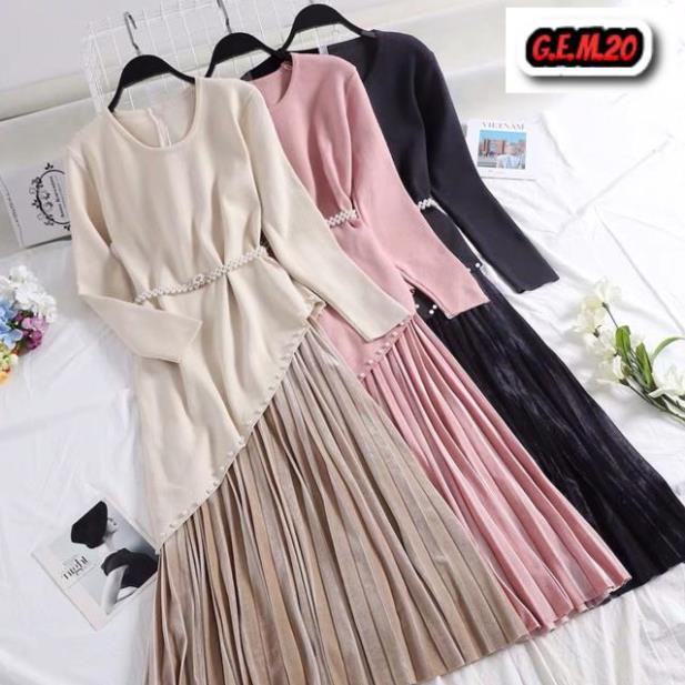 (Hàng Order) Đầm len vạt xéo kèm belt đính cườm order