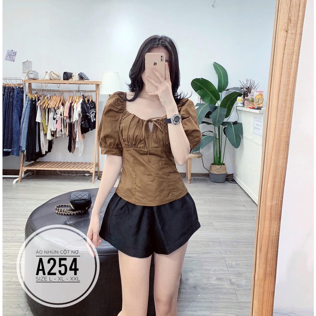 (60-90KG) BIGSIZE Áo nhún cột nơ A254  Chất liệu: vải chéo dày&lt;br&gt;Màu sắc: trắng - nâu