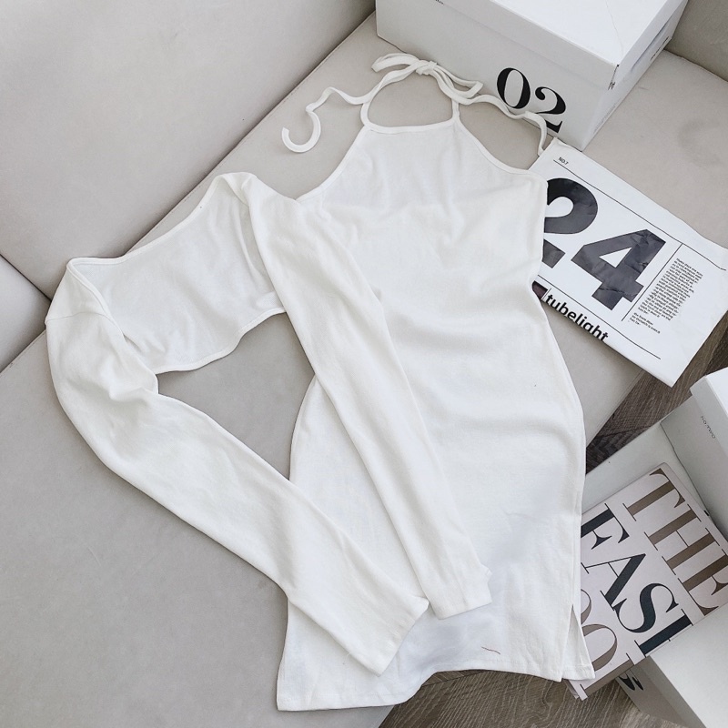 SET ĐẦM CỔ YẾM TRẮNG + ÁO KHOÁC CROPTOP