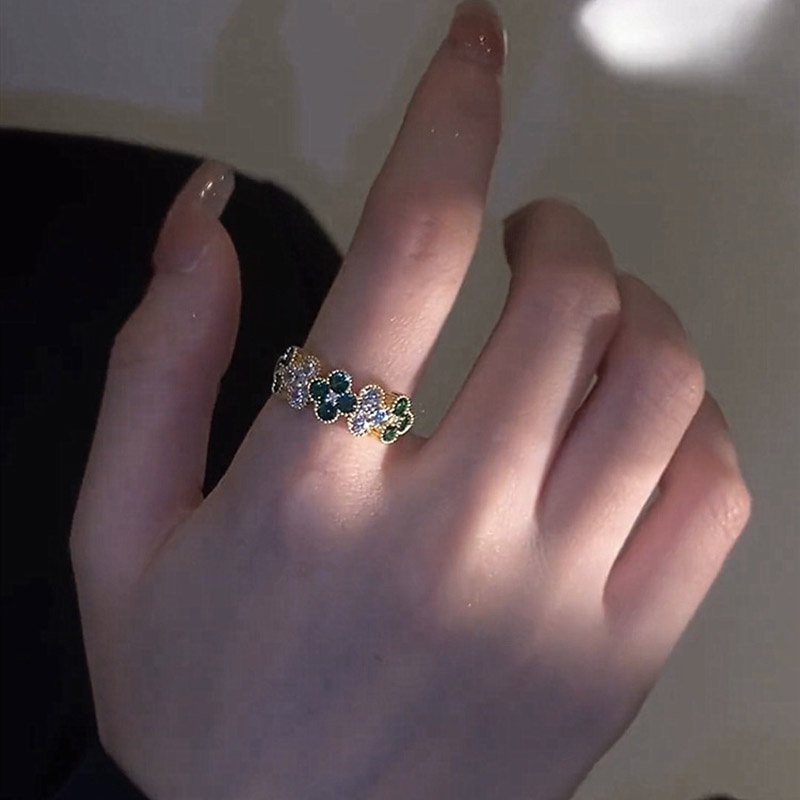Nhẫn Đeo Tay Kim Loại Đính Đá Zircon Màu Xanh Lá Cây Phong Cách Hàn Quốc Độc Đáo Thời Trang
