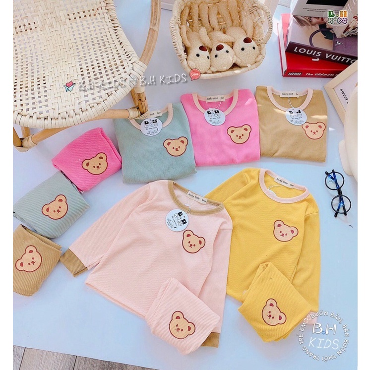 Bộ Dài Tay In Hình Mặt Gấu (Mã 04). Bộ Len Tăm Thu đông Cho bé 6-17kg.