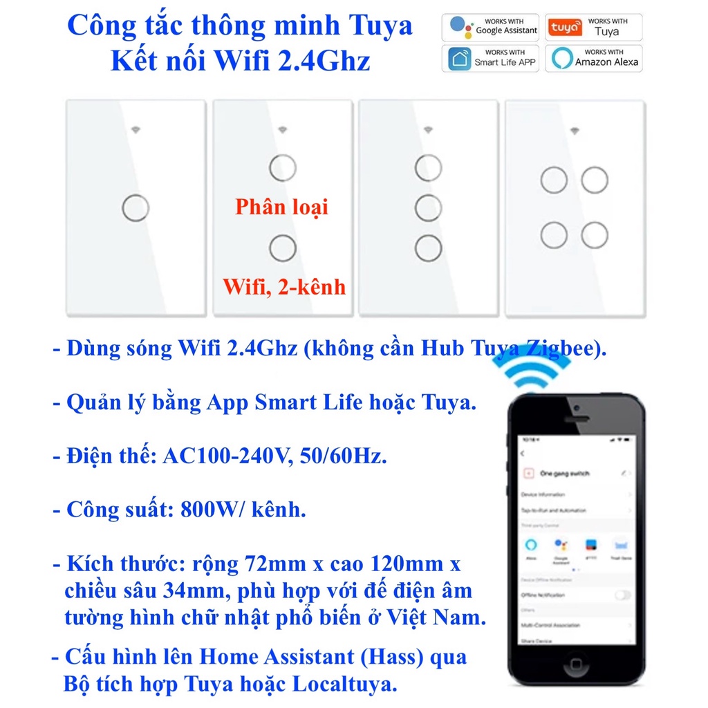 Công tắc thông minh Tuya, kết nối Wifi, loại 1/2/3/4 nút/ kênh/ gang, App Smart Life/ Tuya/ Home Assistant (Hass) -