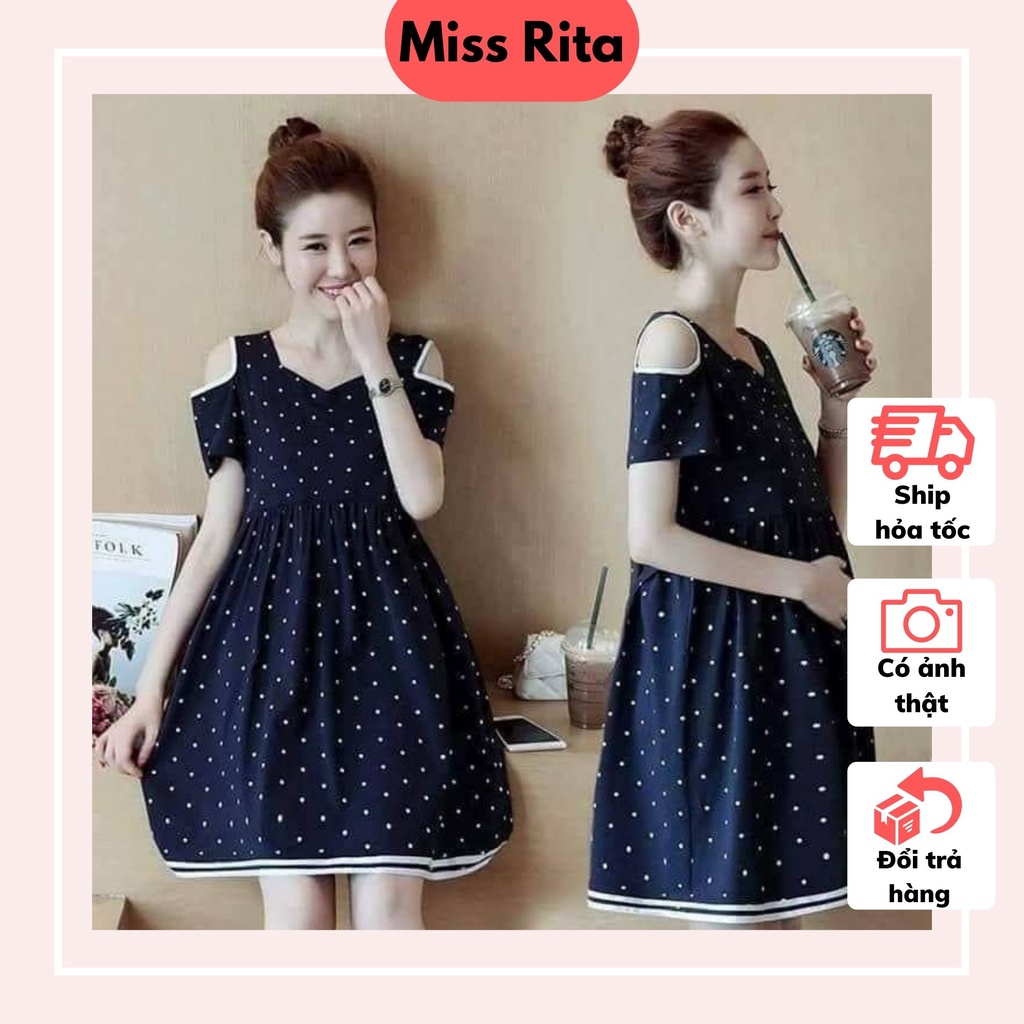 Đầm bầu mùa hè dáng babydoll chấm bi khoét vai điệu đà thiết kế bởi Đầm Bầu Nhung Huấn