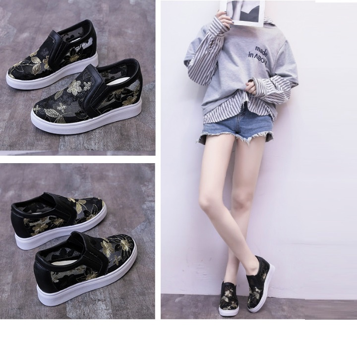 Giày nữ đế độn, slip on nữ độn đế lưới thêu hoa V4 cao cấp êm chân, Hàng Quảng Châu loại 1 S059