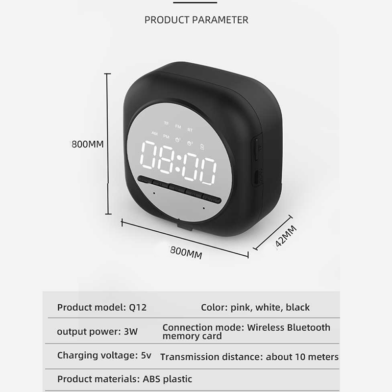 Loa Bluetooth Basspal Q12 Mặt Gương Có Đồng Hồ LED Hỗ Trợ Thẻ TF Kiêm Máy Nghe Nhạc/Giá Đỡ Điện Thoại/Đài Radio FM