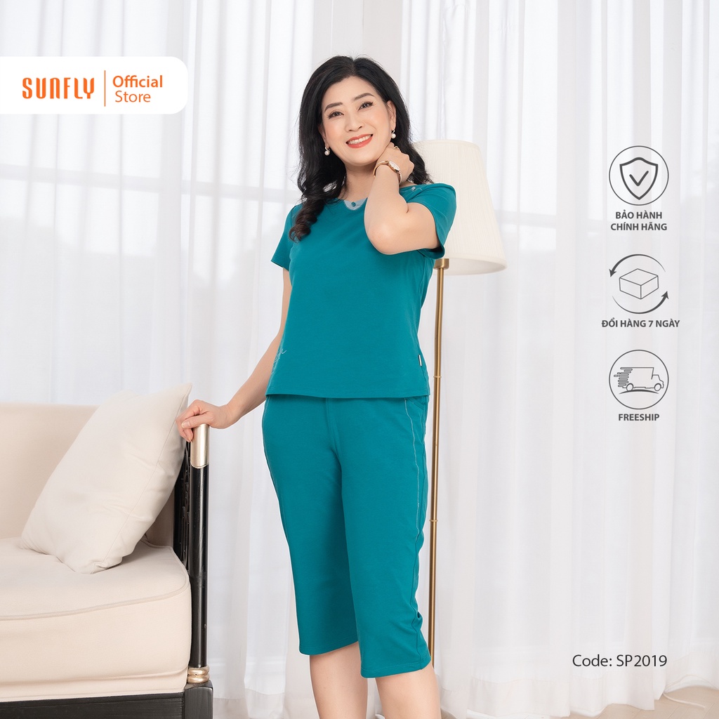 Bộ đồ mặc nhà nữ cotton SUNFLY áo cộc quần ngố SP2019
