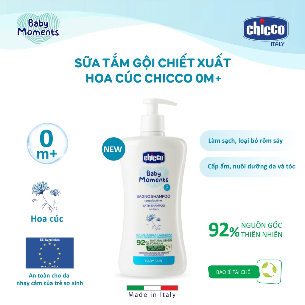 Combo Sữa tắm gội chiết xuất Hoa cúc 0M+ Chicco 500ml + Phấn rôm tinh bột Gạo Chicco