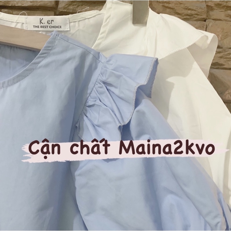 Áo sơ mi viền bèo hai màu xanh trắng phong cách trẻ trung