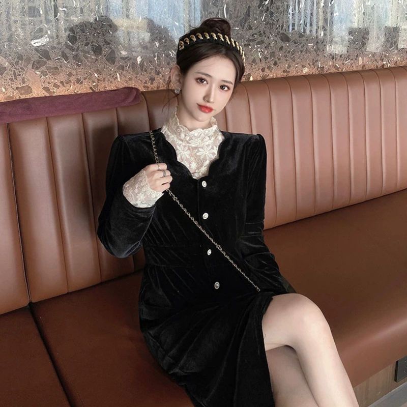 Đầm lửng phối ren kiểu Pháp thời trang mùa thu và mùa đông thanh lịch lộng lẫy cho nữ