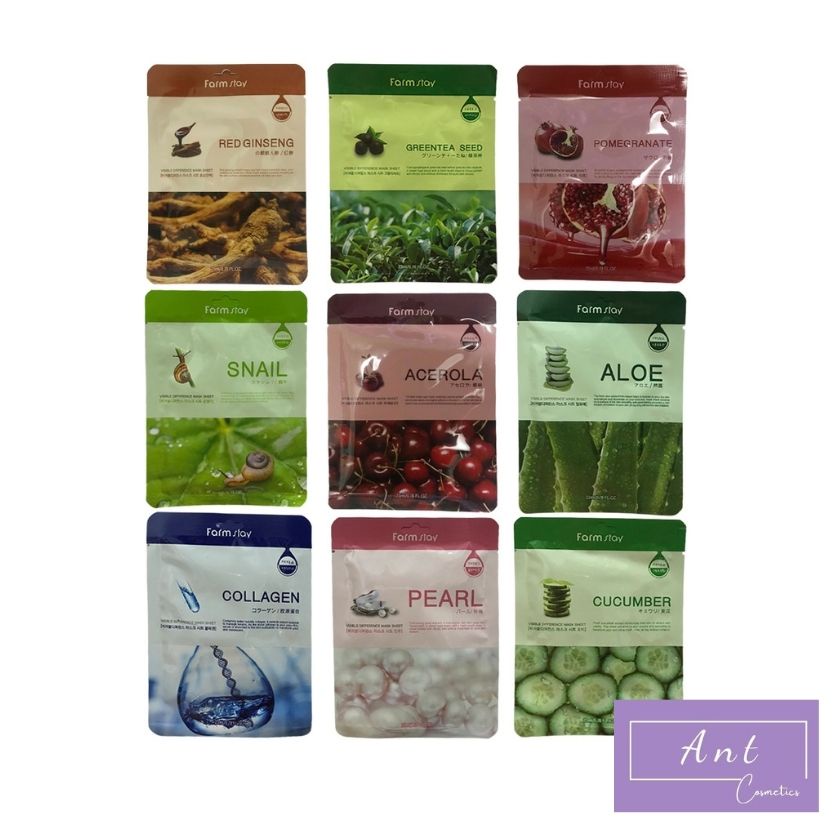 Mặt nạ dưỡng da Hàn Quốc FarmStay 23ml - Hồng sâm, Ốc sên, Ngọc trai, Collagen, Trà xanh, Lô hội, Lựu đỏ