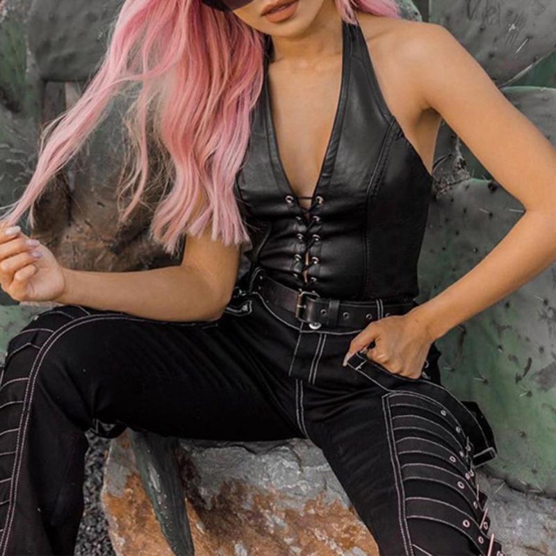 Áo Croptop Giả Da Không Tay Cổ Chữ V Hở Lưng Phong Cách Punk Gợi Cảm Cho Nữ