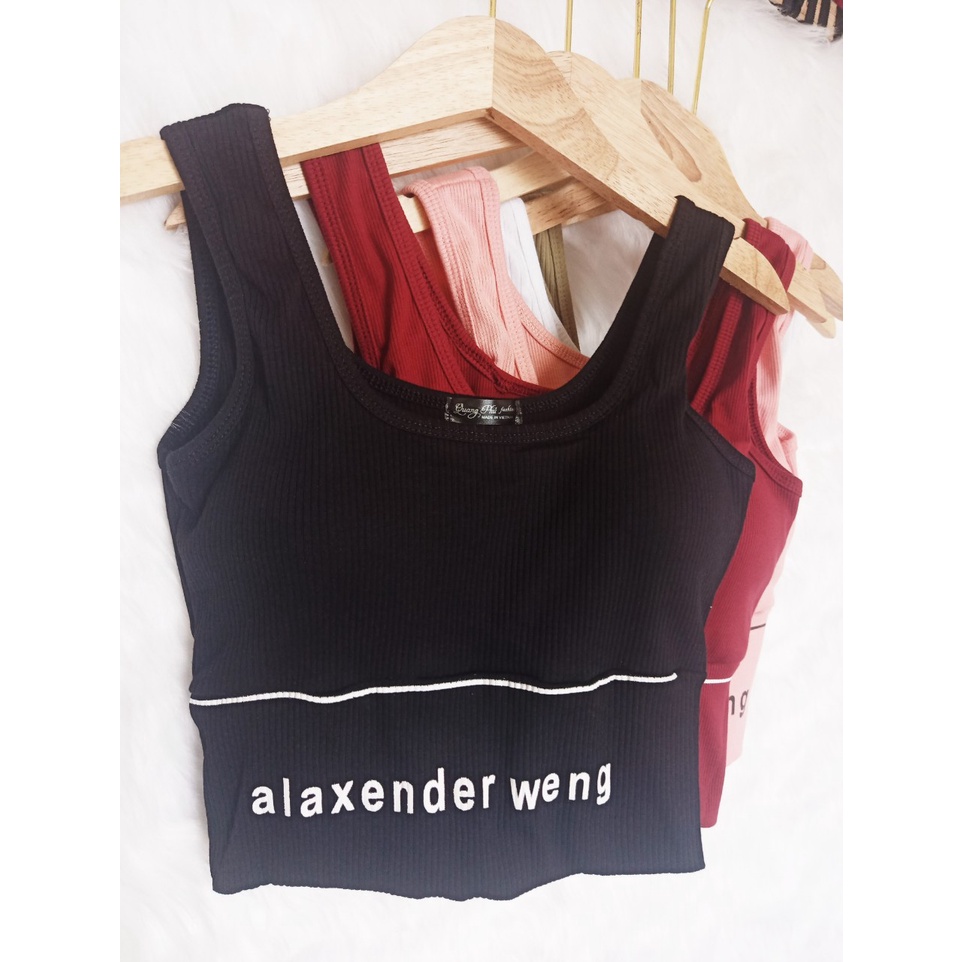 Áo Croptop kiểu có mút ngực in chữ alaxender weng, chất liệu thun gân tăm thoáng mát, thích hợp tập gym, đi dạo