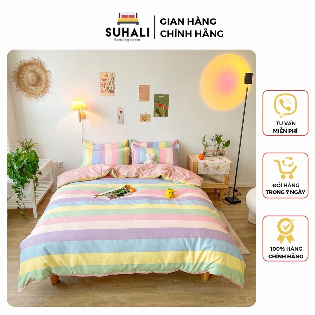 Bộ chăn ga giường cotton poly SUHALI cầu vồng gồm vỏ chăn mền, drap nệm và 2 vỏ gối