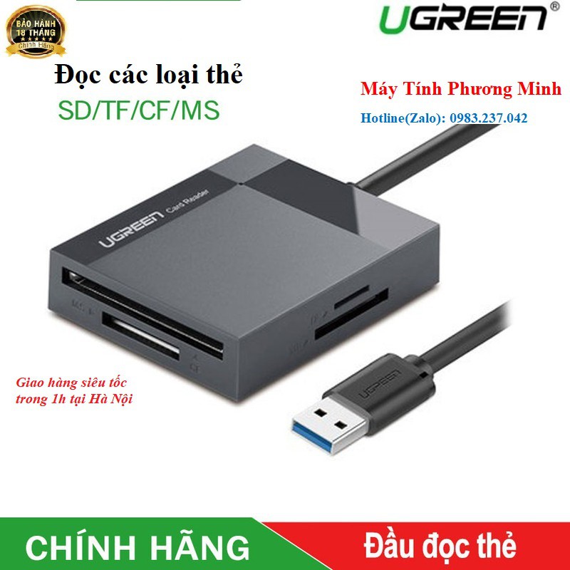 Đầu đọc thẻ nhớ tốc độ 3.0 all in one 4 trong 1 đọc các loại thẻ SD, TF, CF, MS Ugreen 30229 - Hàng cao cấp chính hãng