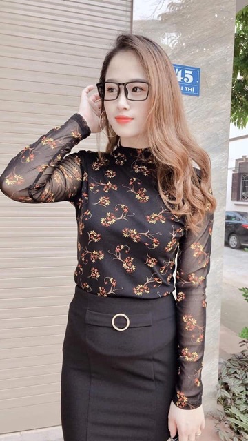 Áo ren hoa dài tay cổ cao freesize 40-65kg