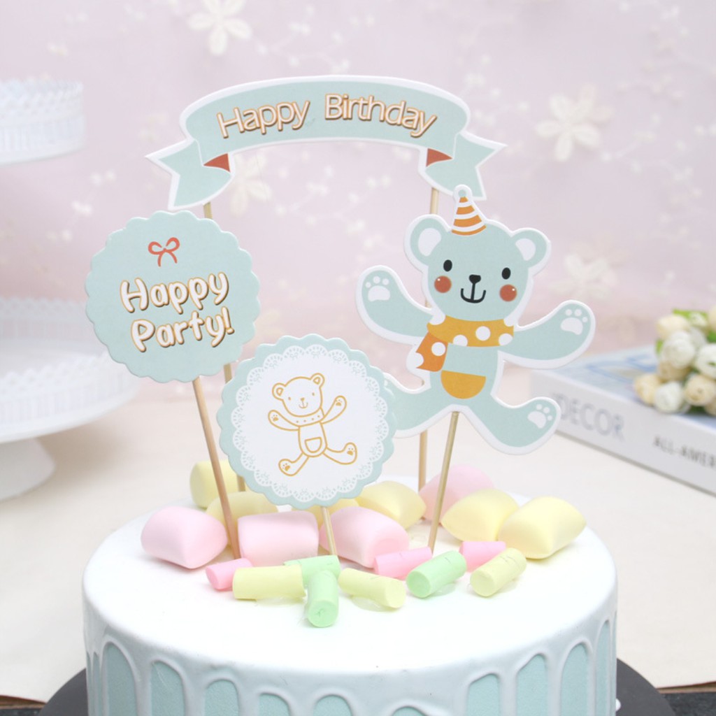 Que Cắm Thẻ Gấu Happy Birthday trang trí bánh kem, phụ kiện bánh sinh nhật