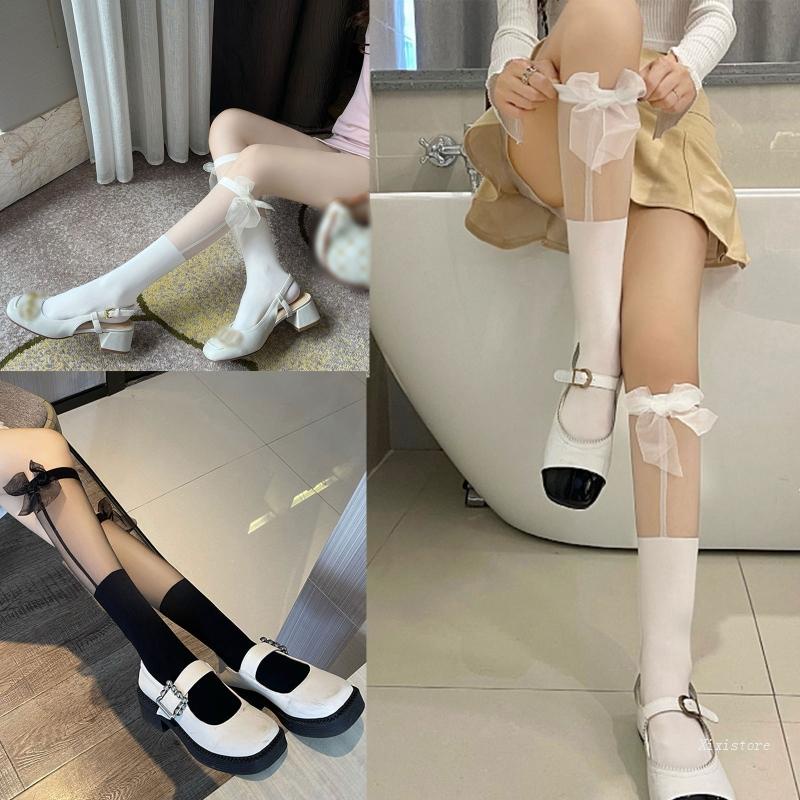 XIXI Tất Lưới Cao Qua Gối Đính Nơ Họa Tiết Kẻ Sọc Dễ Thương Phong Cách Harajuku Nhật Bản Cho Nữ