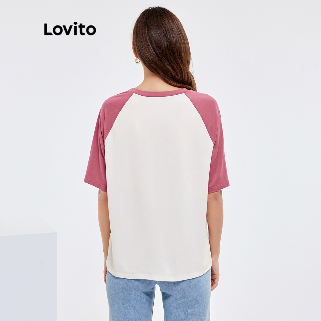 Áo thun Lovito tay ráp nối lửng cổ tròn họa tiết chữ ghép nối màu sắc phong cách thường ngày L25AD010 (màu hồng)