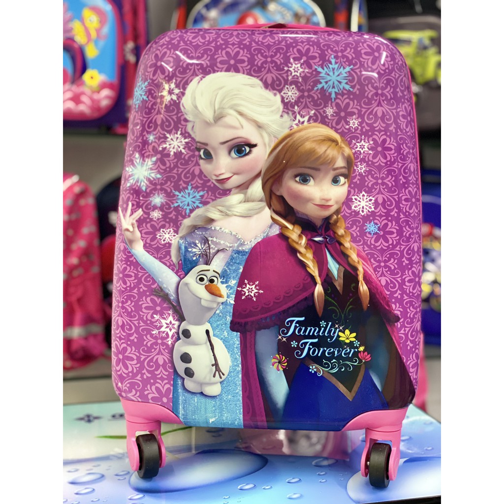 Vali kéo trẻ em Elsa & Anna tím hồng - họa tiết 2 mặt, hàng sẵn kho - BẢO HÀNH 2 NĂM